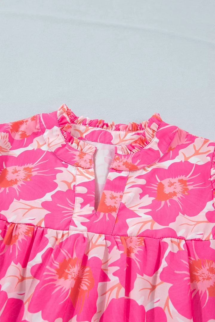 Floral bubble sleeve babydoll blouse with ruffle neckline
