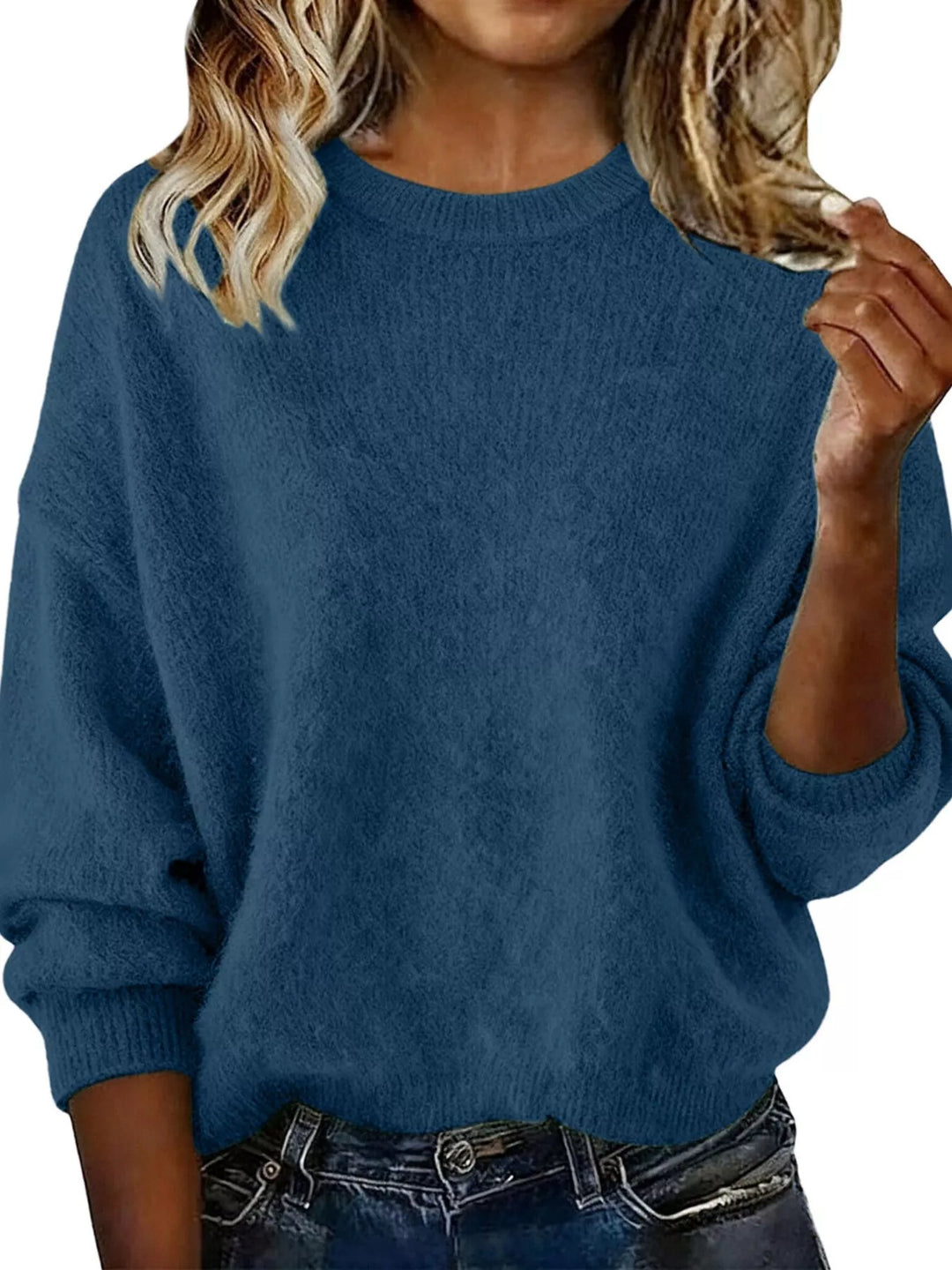 Navy Blue Dropped-shoulder crew neck knit sweater with ribbed trim