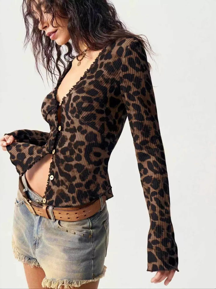 Ribbed leopard print button-up top with long sleeves