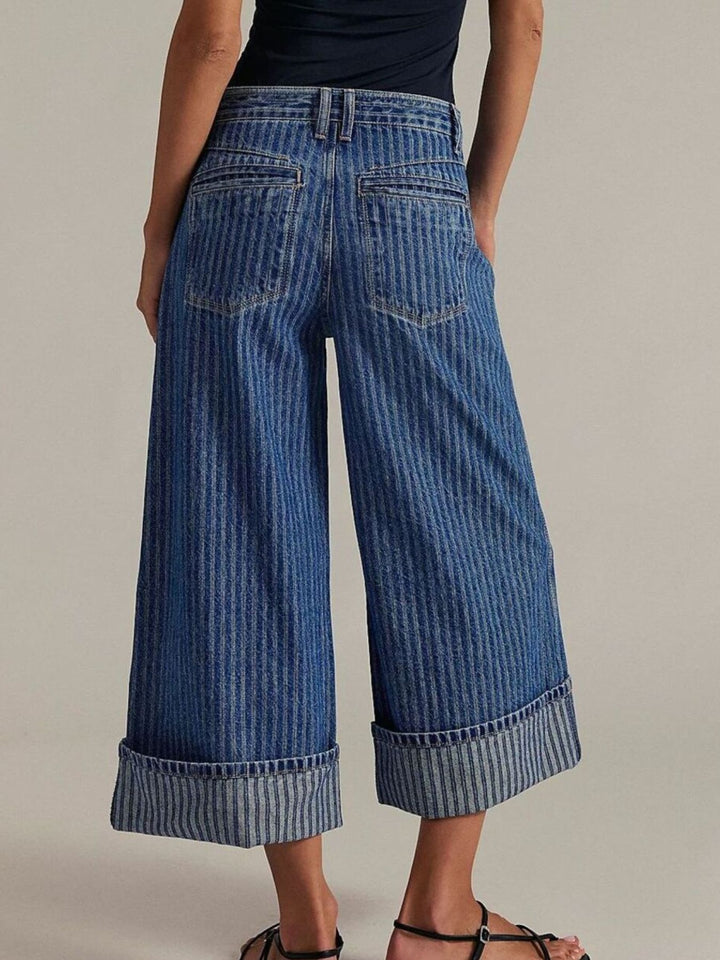 Wide-leg cropped jeans with deep cuffed hem and center seam