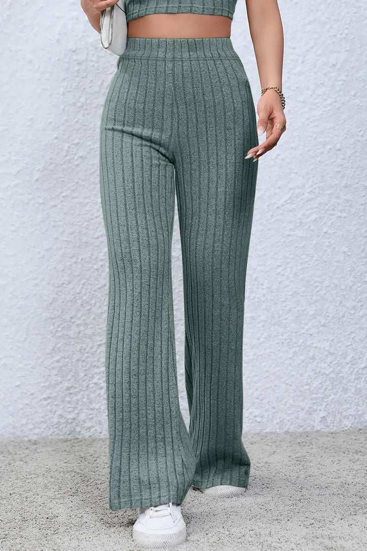 Ribbed knit high-waist flare pants with pull-on waist