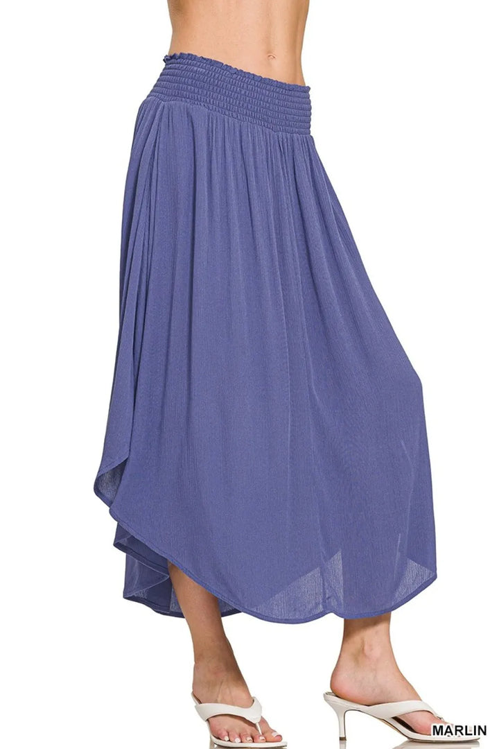 Crinkle rayon smocked waist high-low maxi skirt with pockets