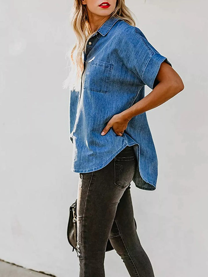Relaxed short sleeve denim button-down with chest pockets