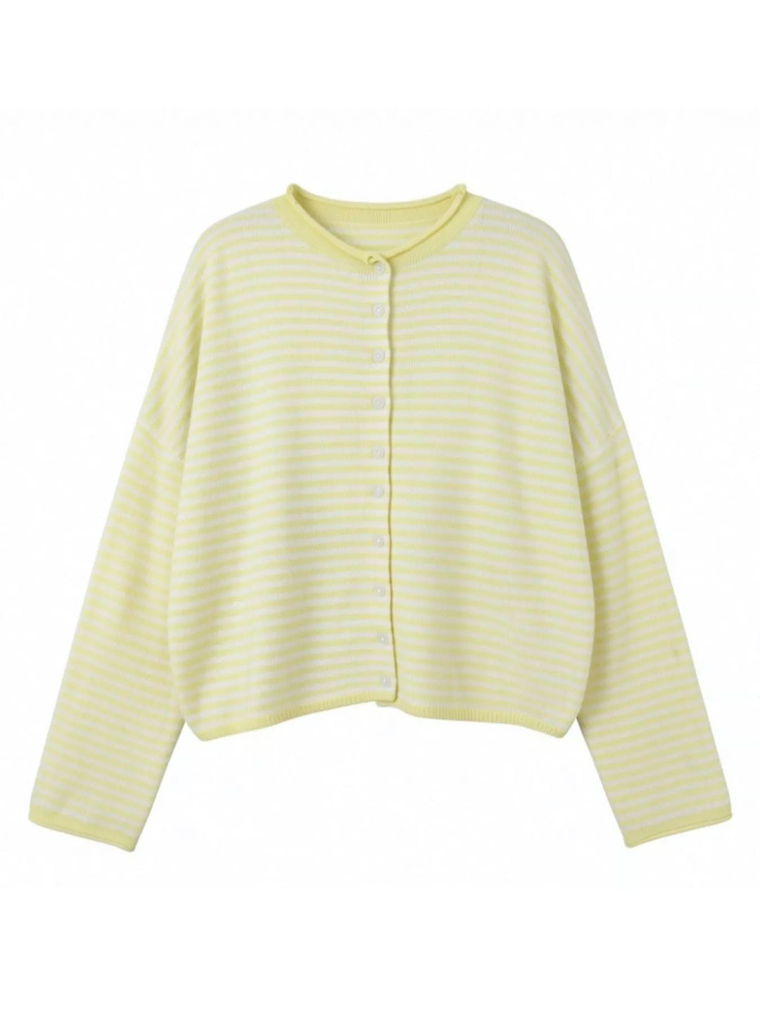 Striped button-front knit cardigan with drop shoulders