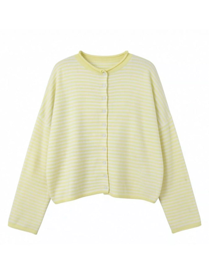 Striped button-front knit cardigan with drop shoulders