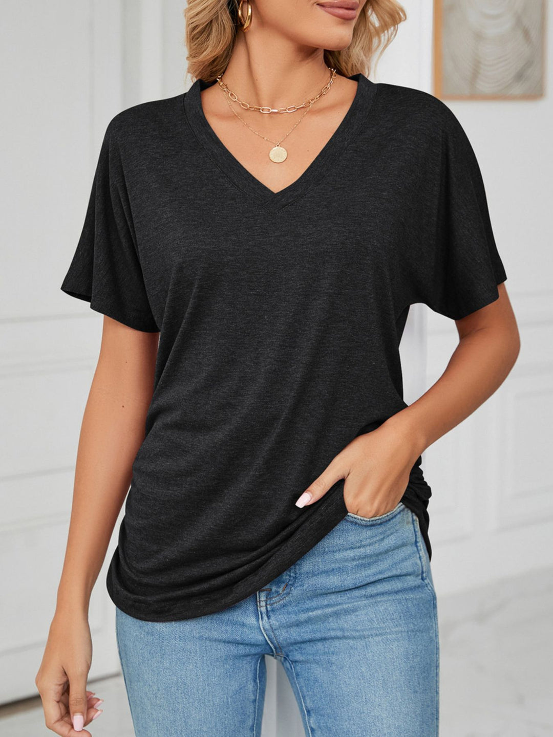 Relaxed V-neck short sleeve tee with drop shoulders