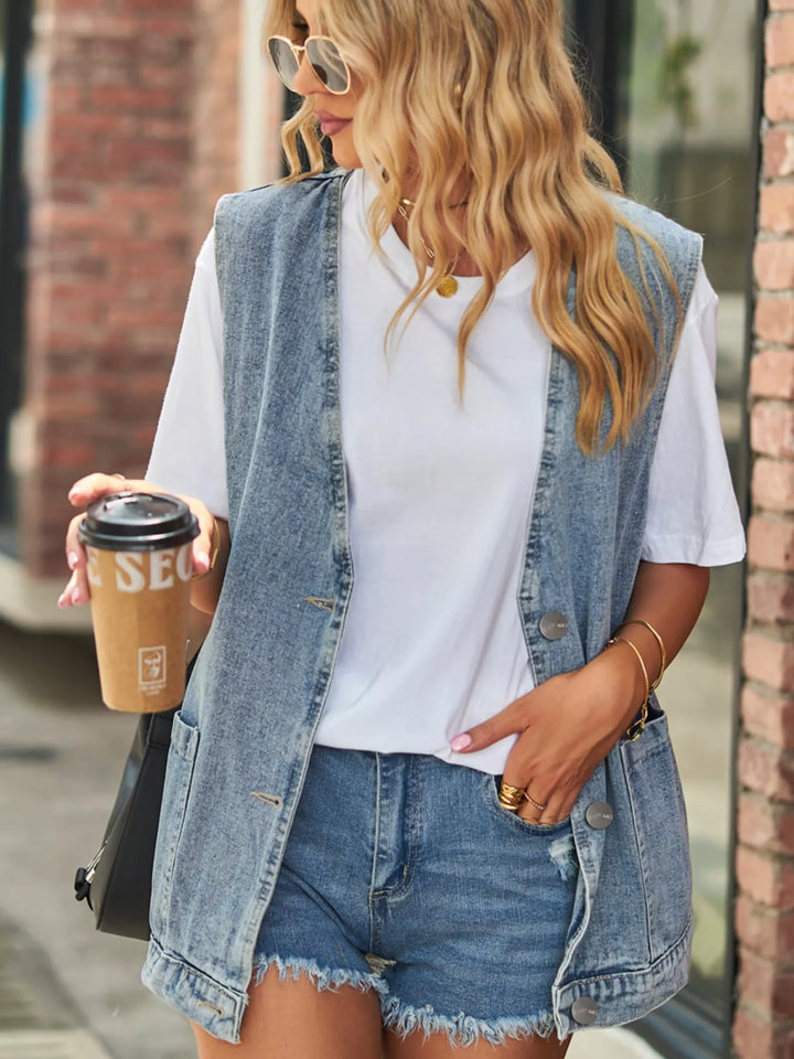 Sleeveless button-down denim vest with patch pockets