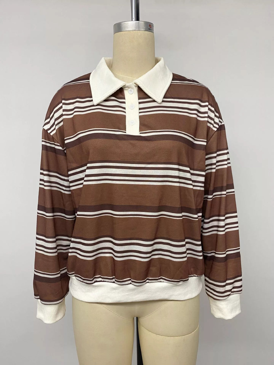 Striped drop shoulder polo sweatshirt with button placket