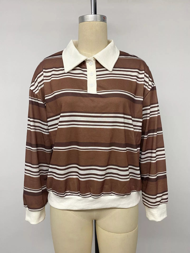 Striped drop shoulder polo sweatshirt with button placket