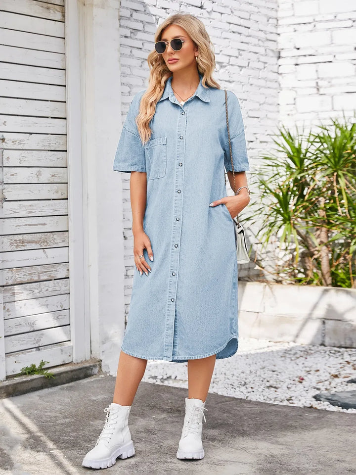 Dropped shoulder button-down denim midi shirt dress