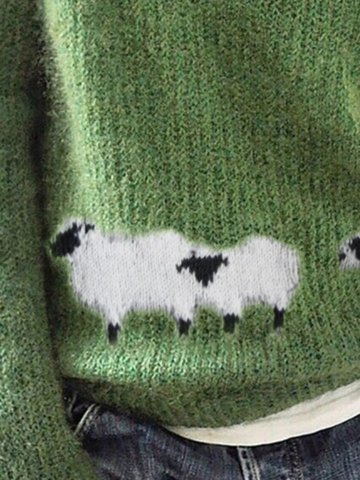 Sheep motif crew neck knit sweater with ribbed trim