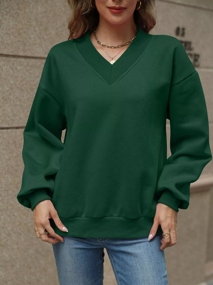 V-neck drop-shoulder pullover sweatshirt with ribbed trim