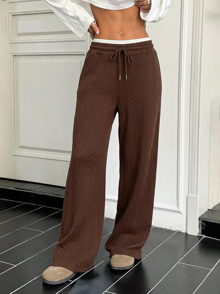 Brown Diamond-textured wide-leg pants with contrast waistband