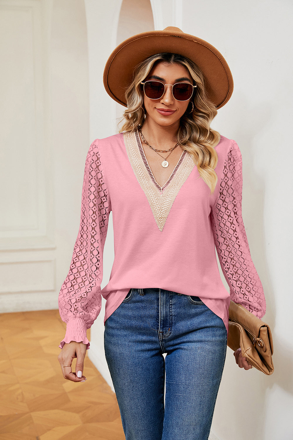 Contrast lace V-neck blouse with crochet long sleeves