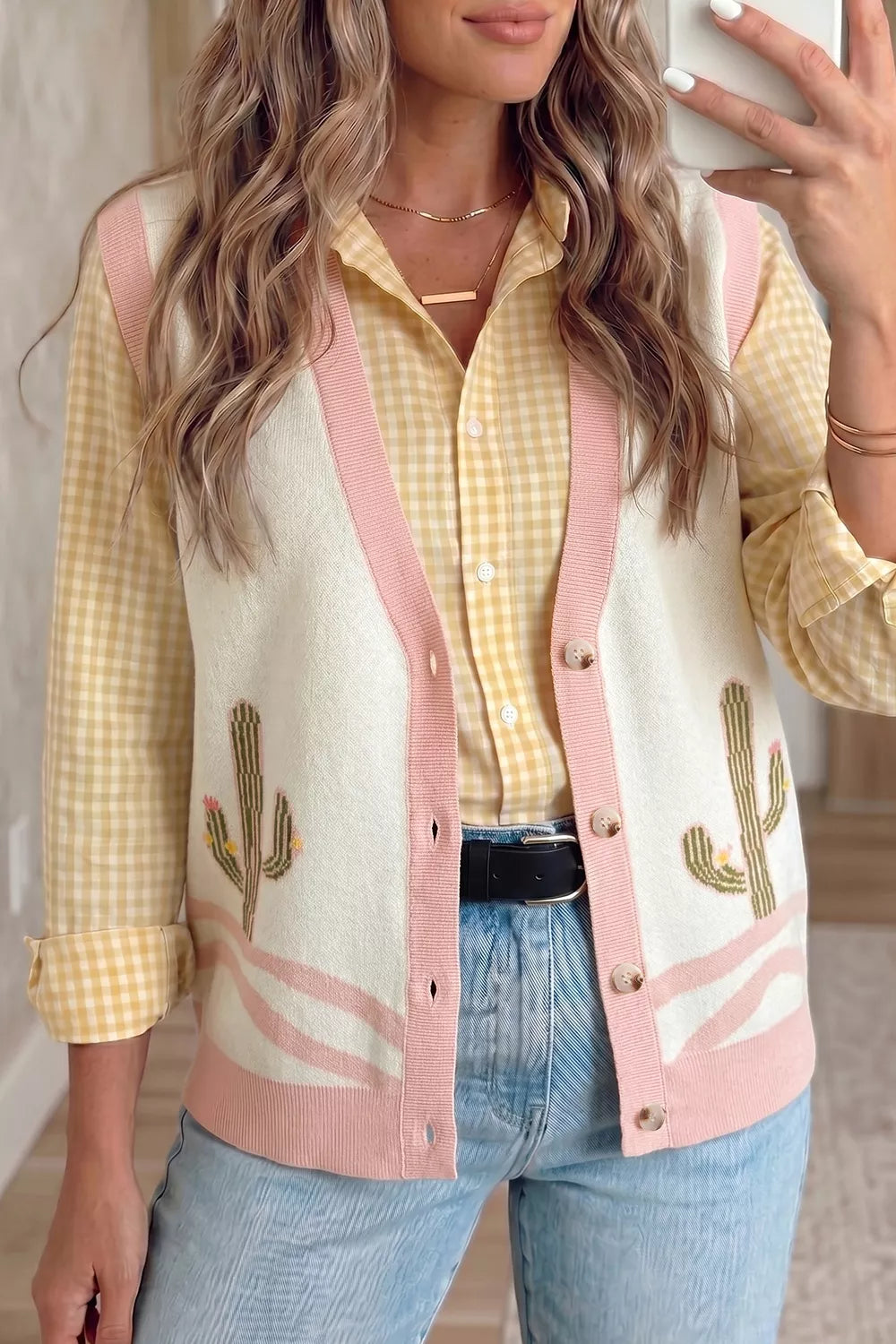 Cactus knit button-front sweater vest with contrast trim