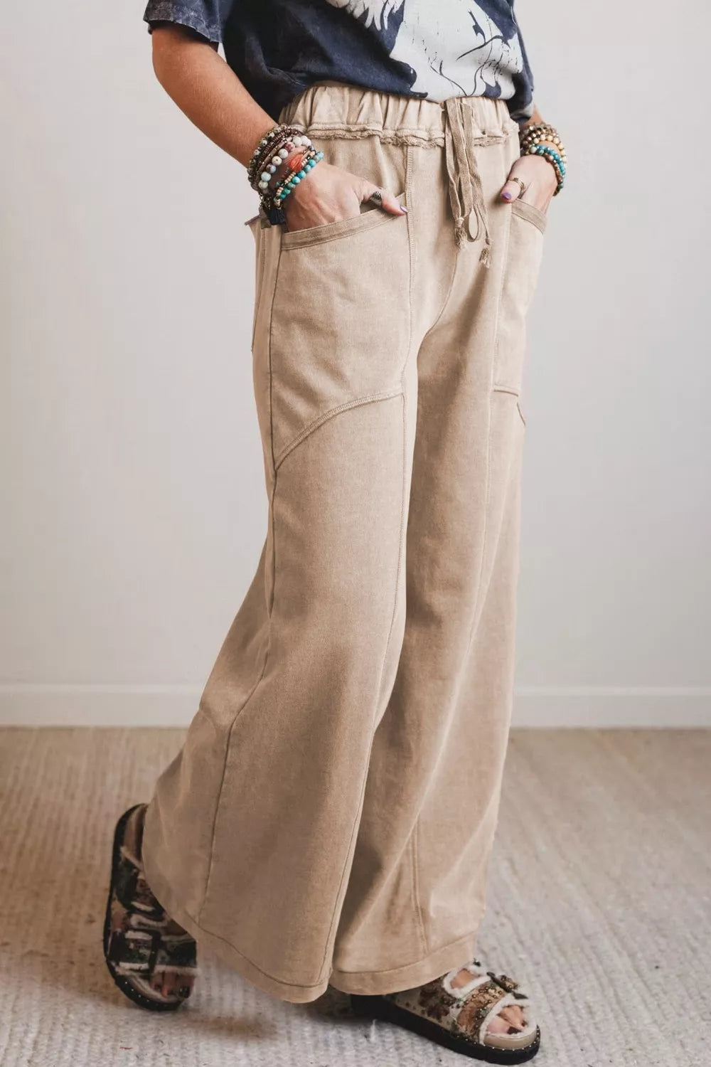 Mineral wash high-rise wide-leg drawstring pants