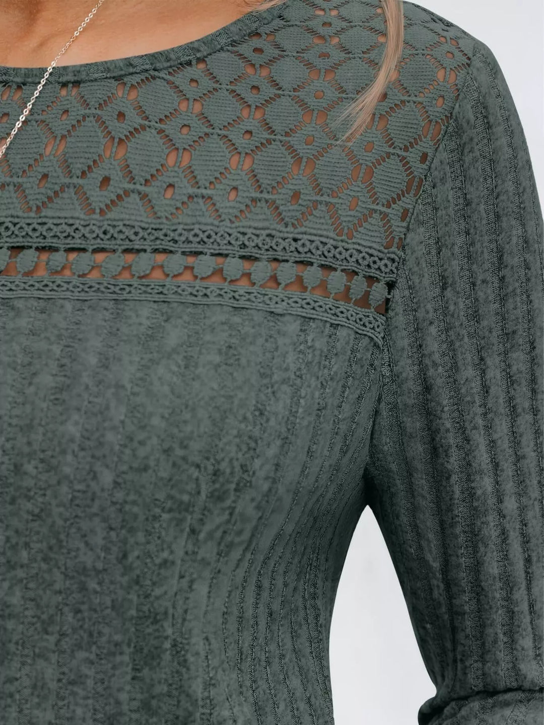 Ribbed knit long sleeve top with lace yoke