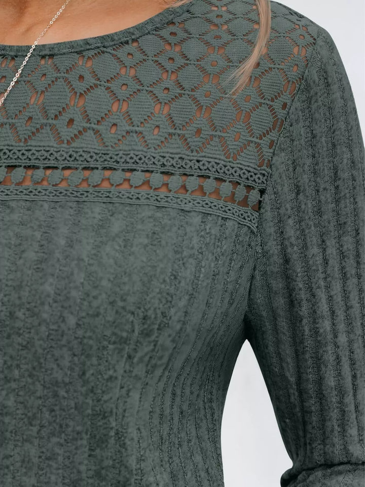 Ribbed knit long sleeve top with lace yoke