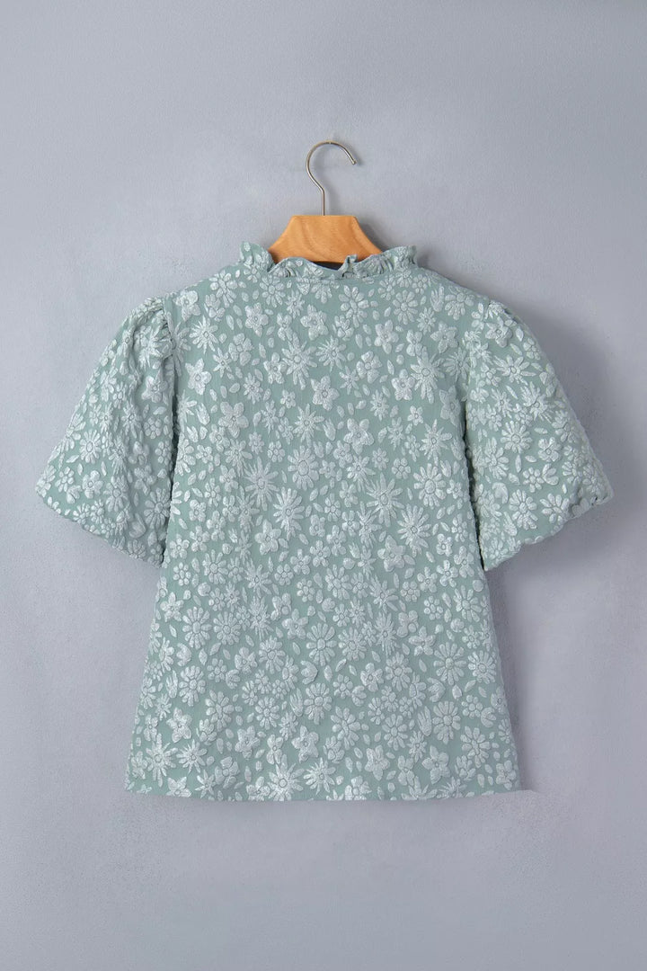 Floral jacquard puff sleeve blouse with split neck