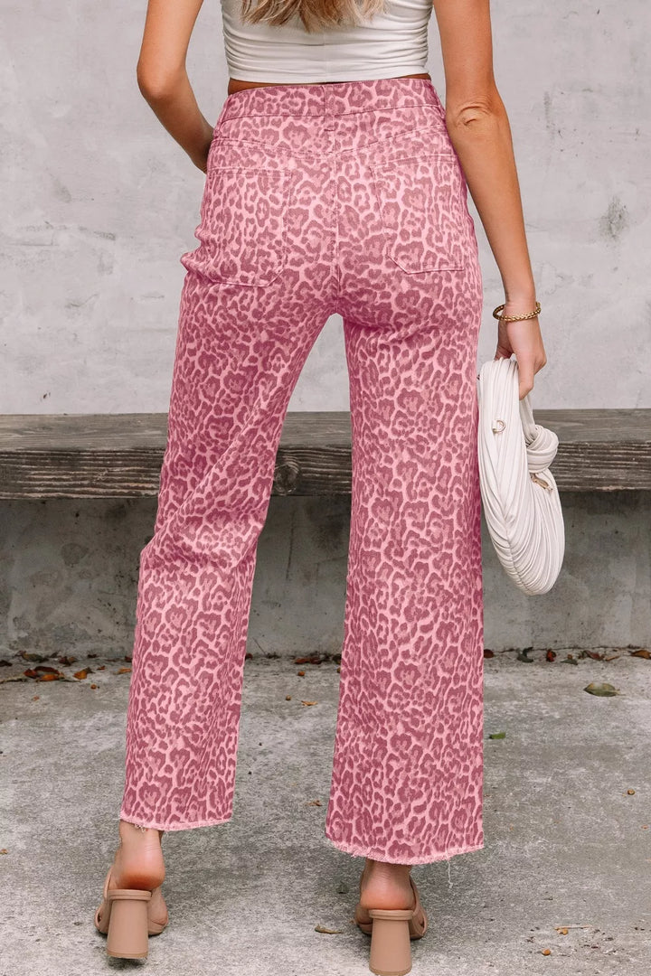 Leopard print wide-leg high-rise jeans with frayed hem
