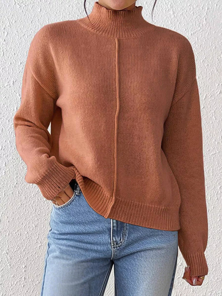 Center seam mock neck knit pullover sweater