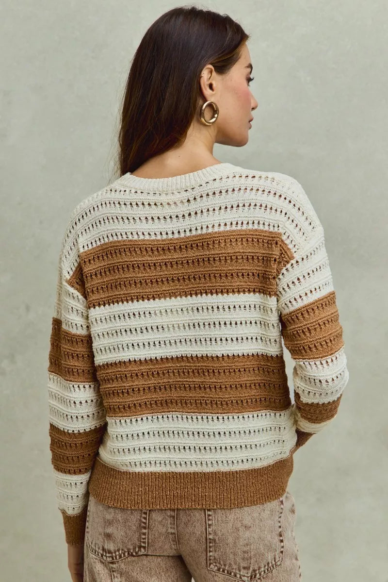 Openwork wide stripe textured knit crewneck sweater