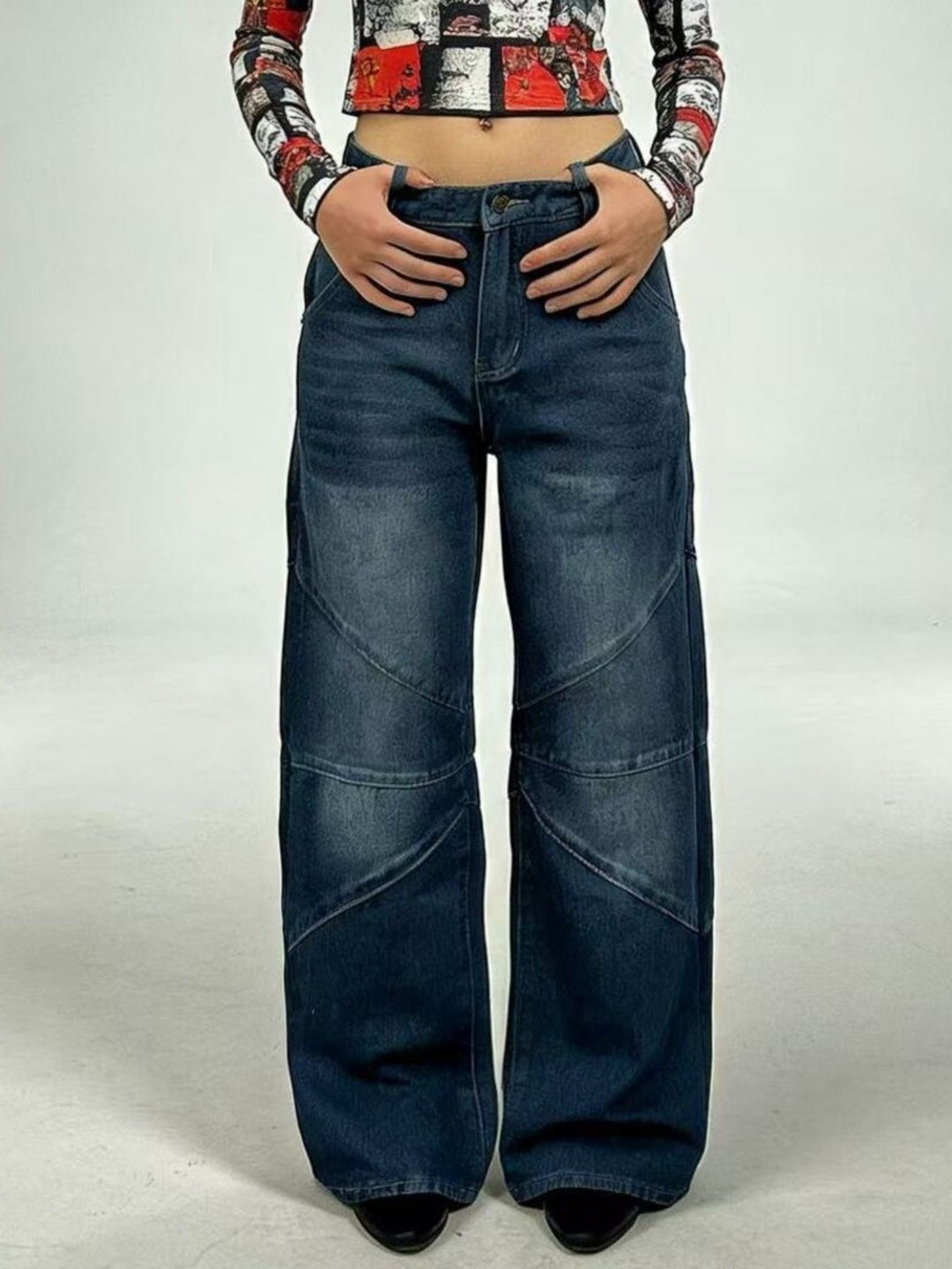 Vintage wash high-rise wide leg jeans with paneled seams