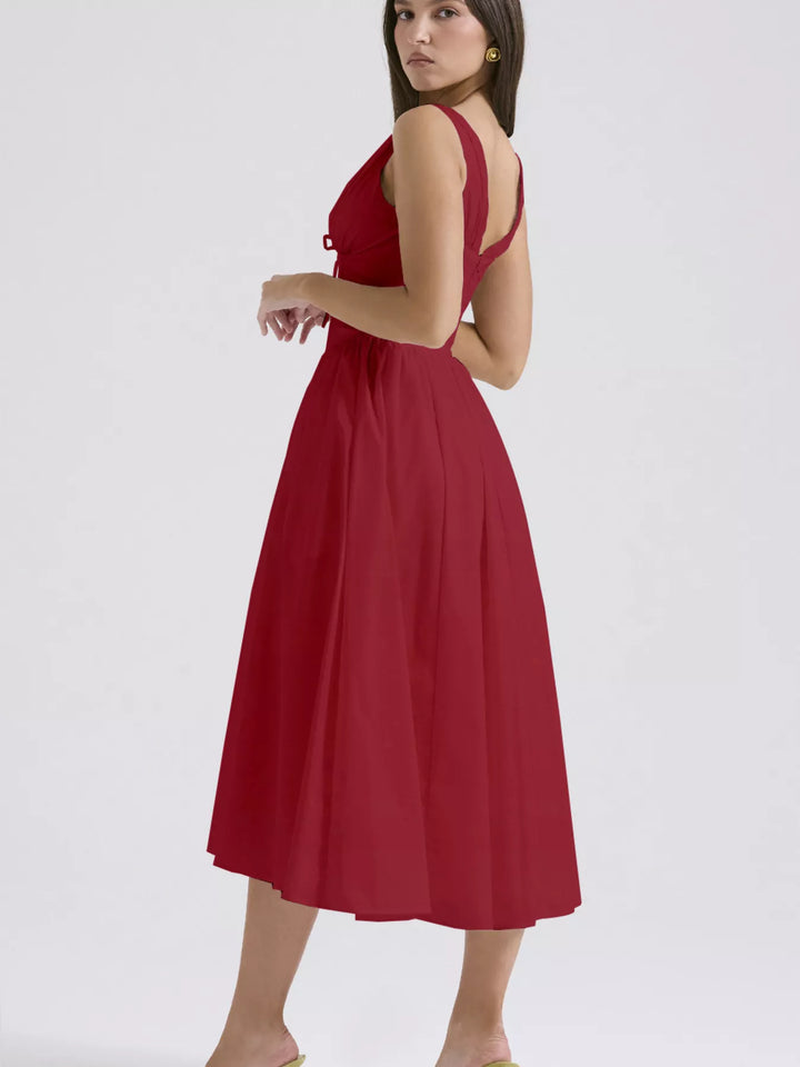 Deep Red Sleeveless V-neck midi dress with fitted bodice and pockets