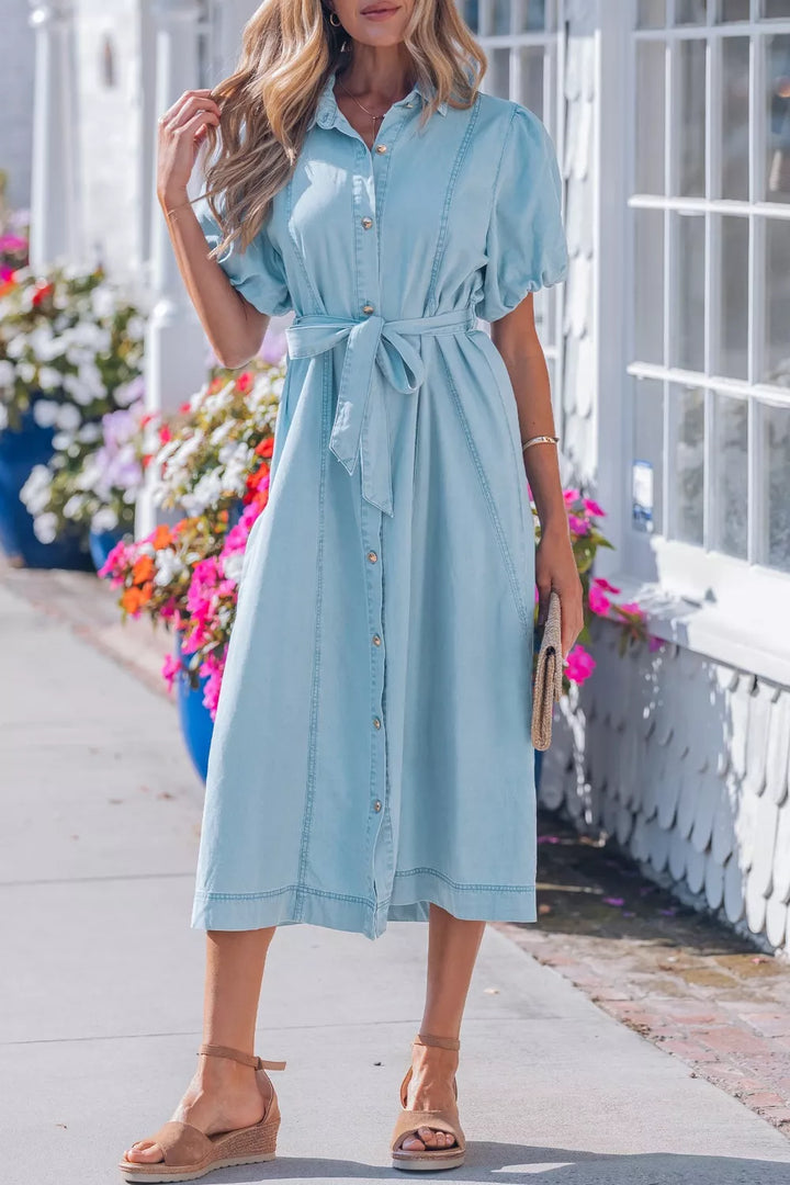 Belted chambray midi shirt dress with puff sleeves