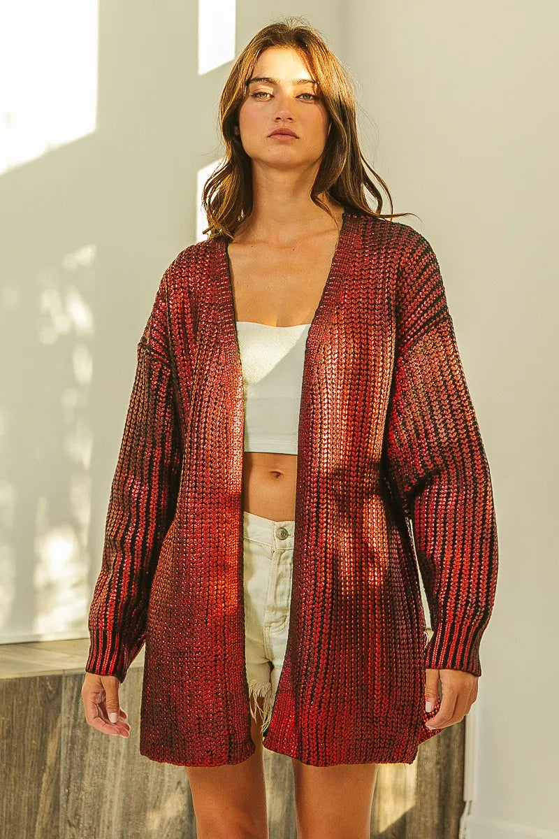 Metallic ribbed knit open-front longline cardigan