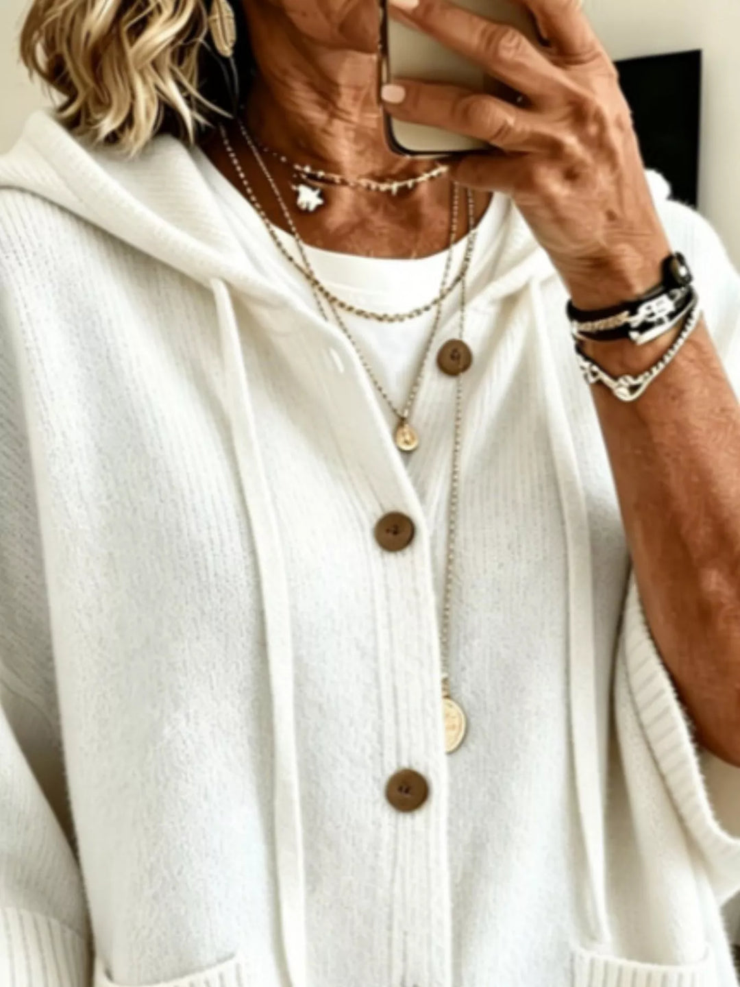 Hooded button-down knit cardigan with patch pockets