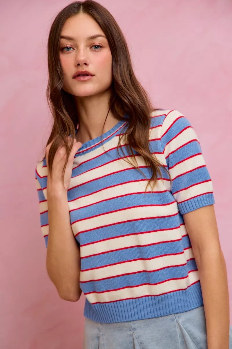Striped ribbed knit short sleeve crew neck sweater top