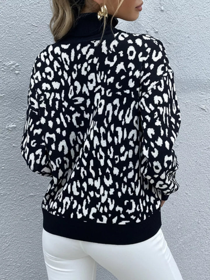 Leopard print high-neck knit pullover sweater