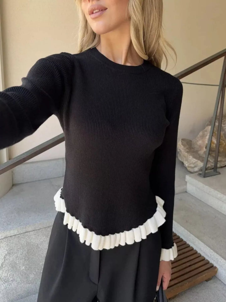 Ribbed knit sweater with contrast ruffle hem and cuffs