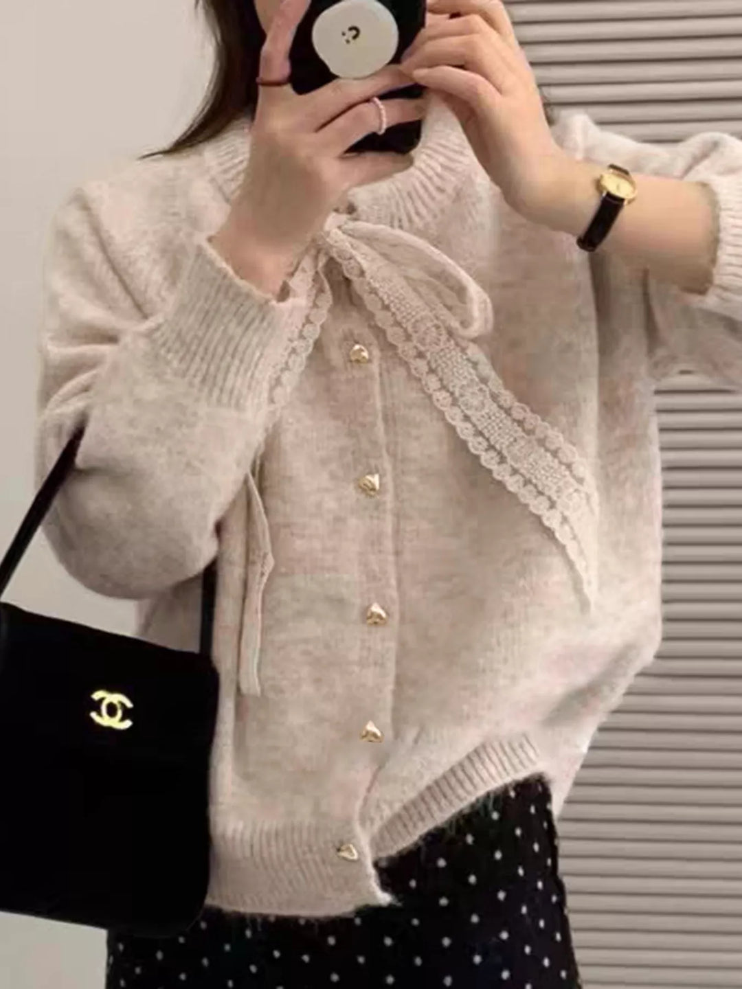 Lace bow knit cardigan with gold heart buttons