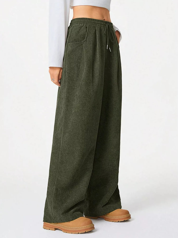 Army Green Corduroy wide-leg pants with drawstring waist