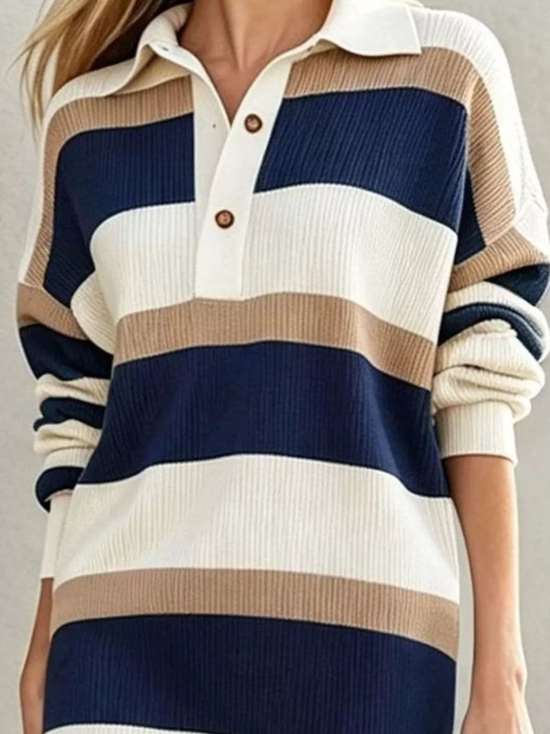 Striped ribbed knit polo collar midi sweater dress