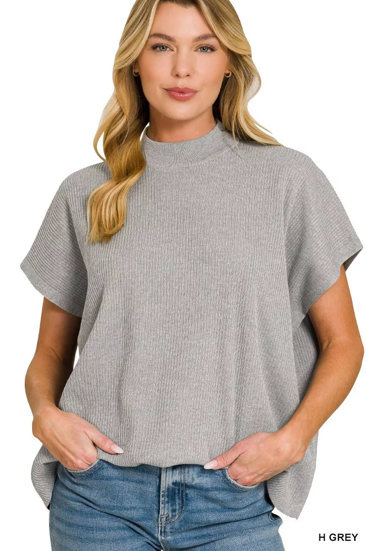 H GREY Ribbed mock neck short sleeve boxy sweater
