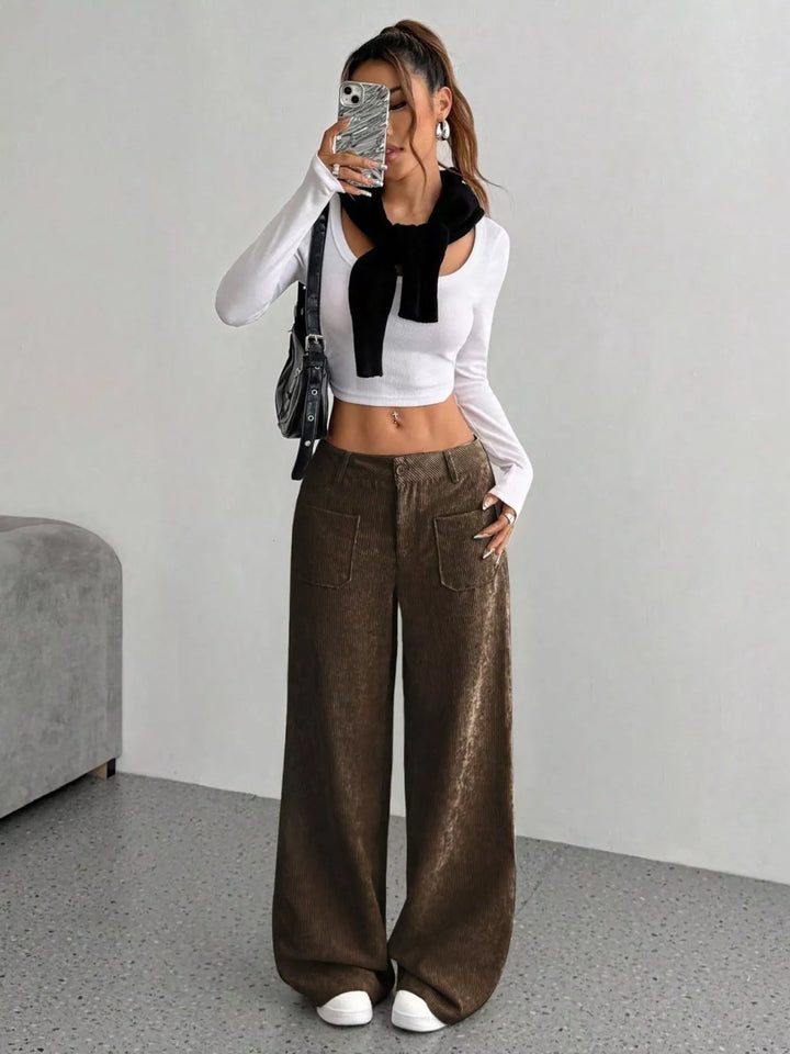 Brown Corduroy wide-leg pants with front patch pockets
