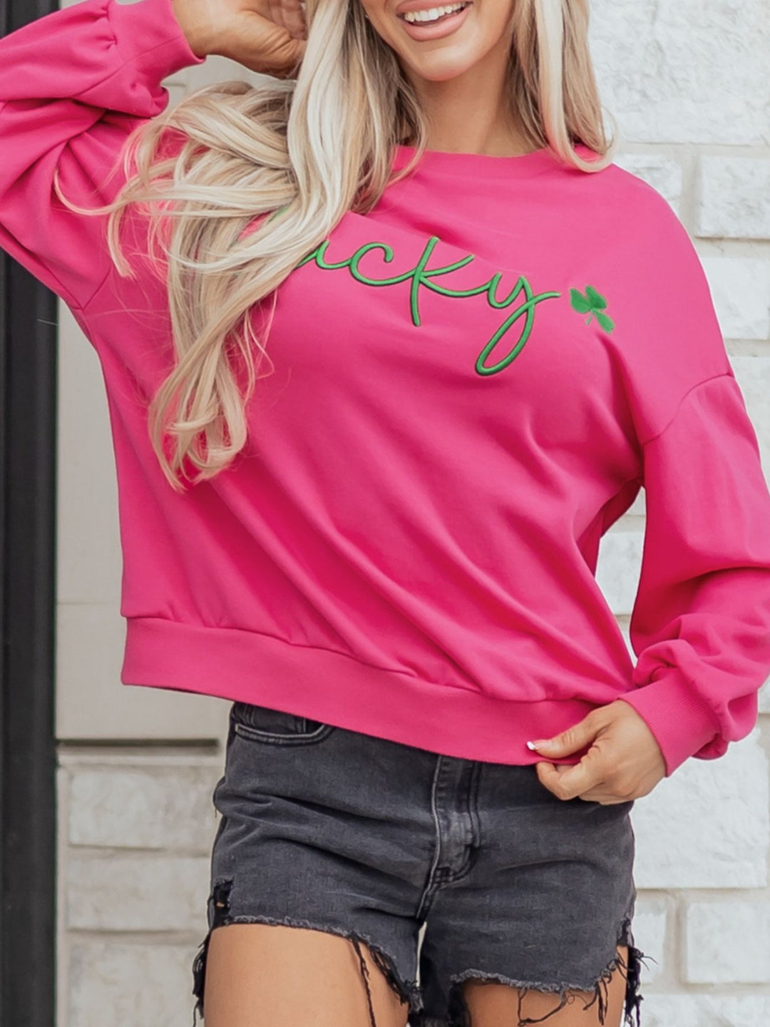 Embroidered lucky clover crewneck pullover sweatshirt