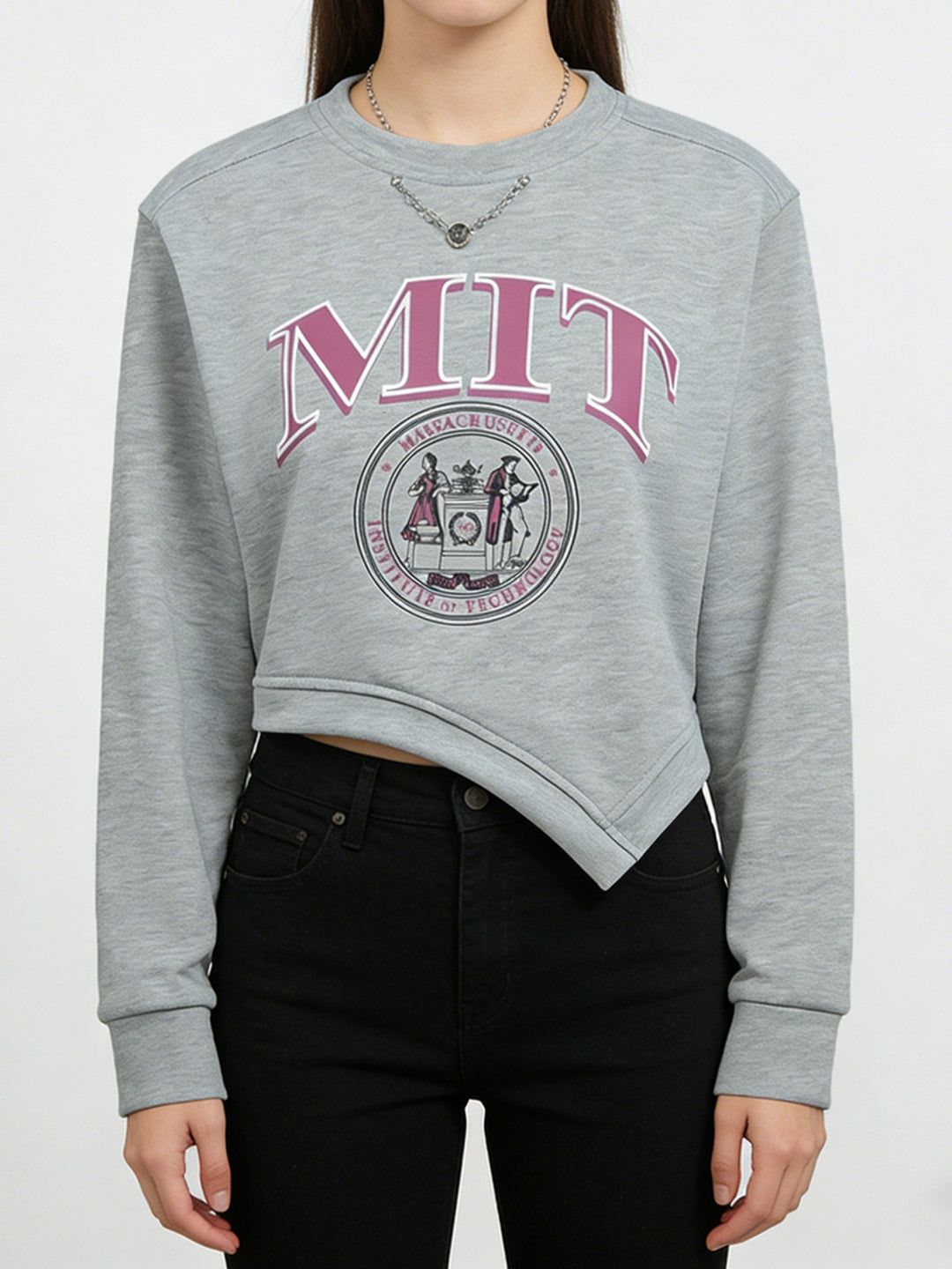 Collegiate graphic cropped sweatshirt with asymmetrical hem