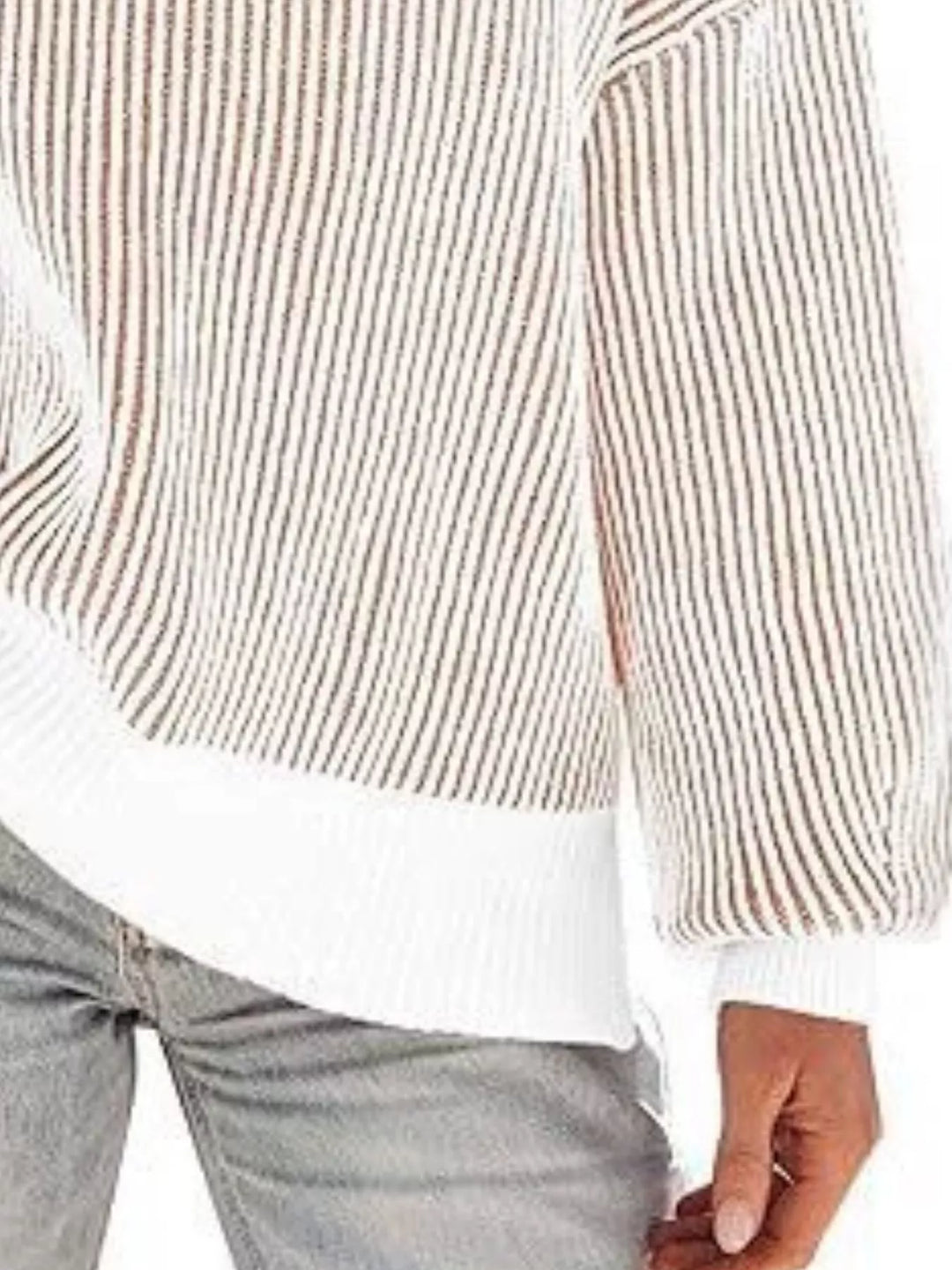 Striped ribbed knit drop shoulder sweater with side slits