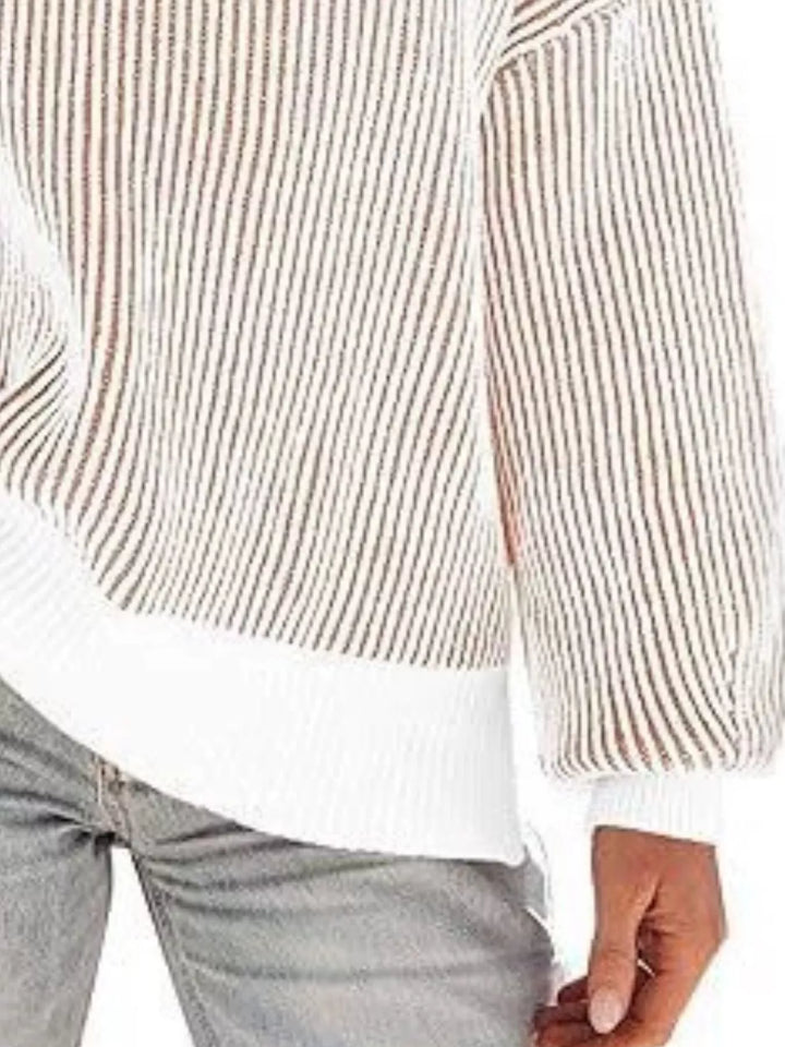 Striped ribbed knit drop shoulder sweater with side slits
