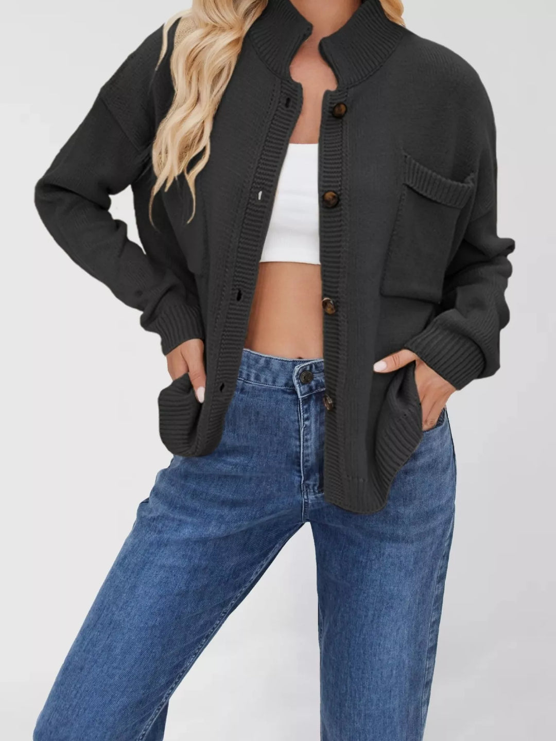 Black Dropped shoulder button-up knit cardigan with chest pocket