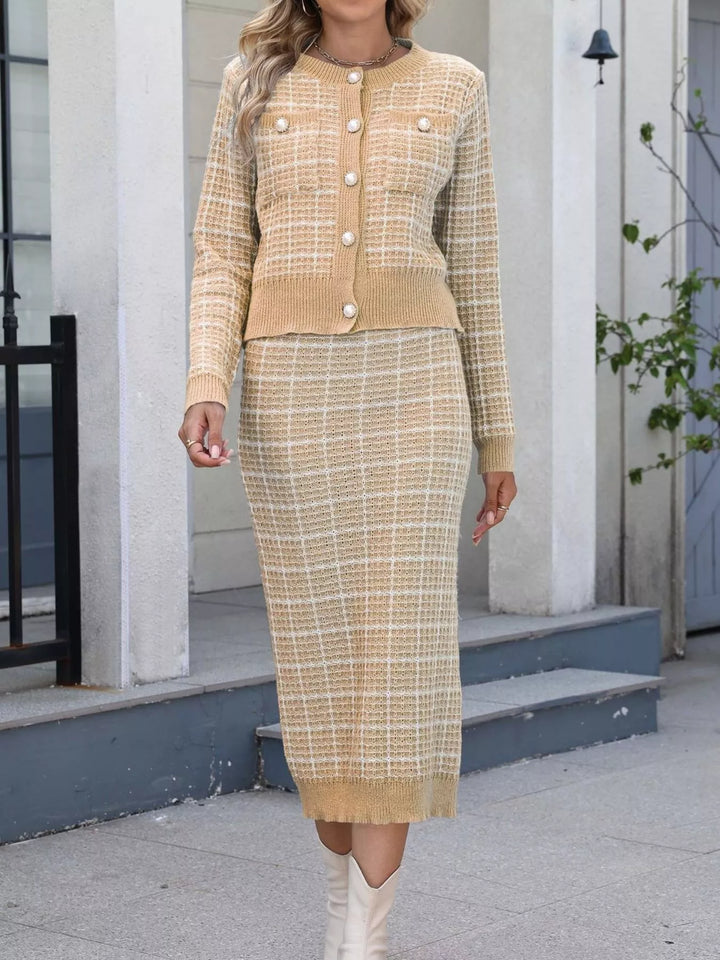 Khaki Pearl button plaid knit cardigan and midi skirt set