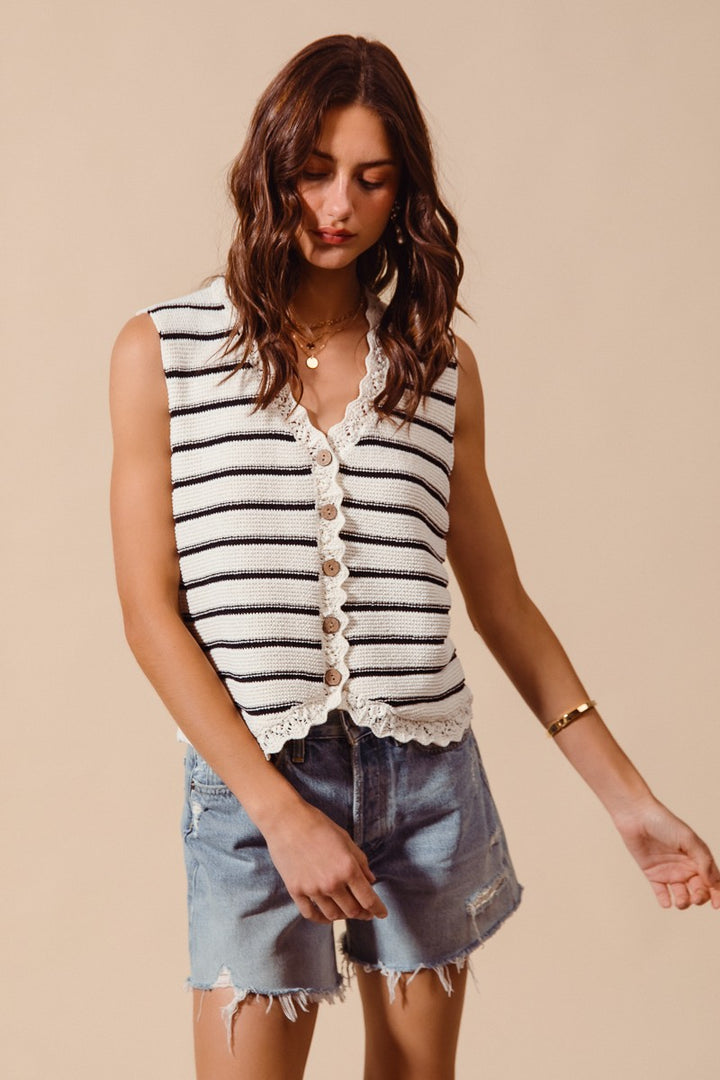 Striped knit button-down sweater vest with crochet trim