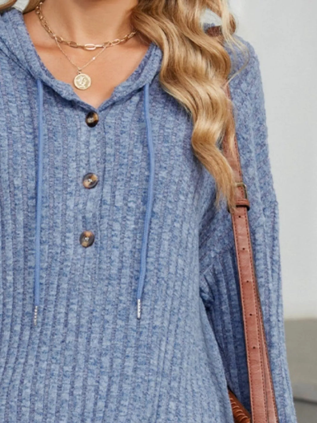 Ribbed knit henley hoodie with drawstring hood
