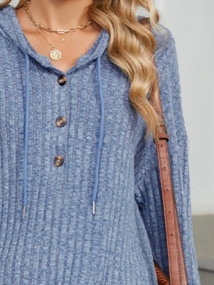 Ribbed knit henley hoodie with drawstring hood