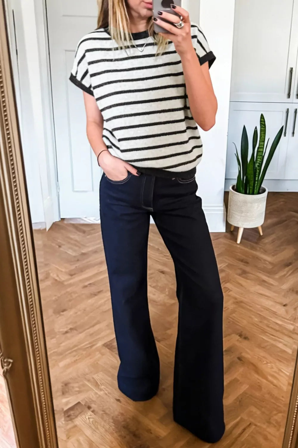 Black Striped short sleeve knit top with oversized bow