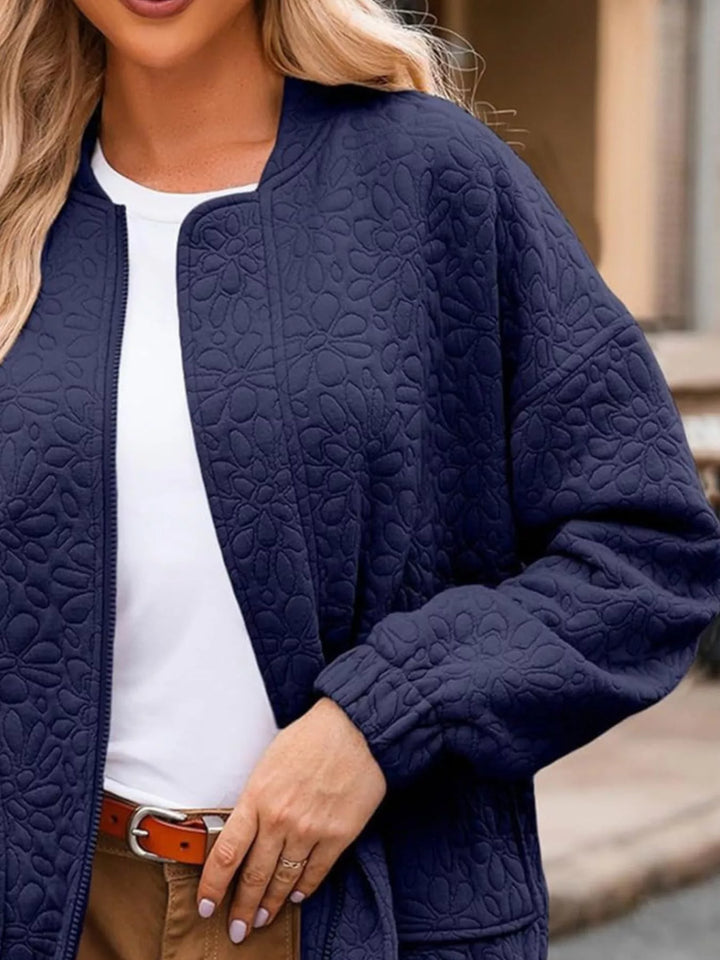 Floral quilted zip-up bomber jacket with pockets
